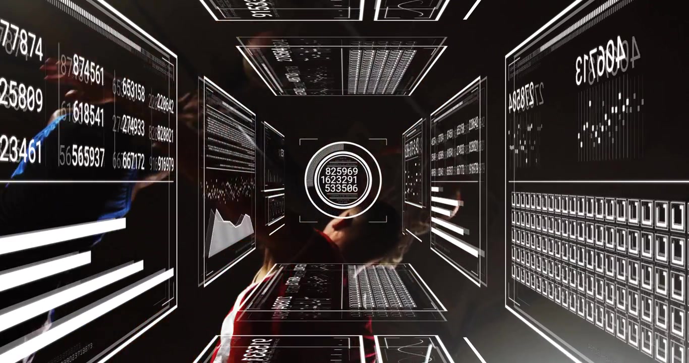 On HUD activation two athletes diving into wireframe tunnel while sports analytics charts updating