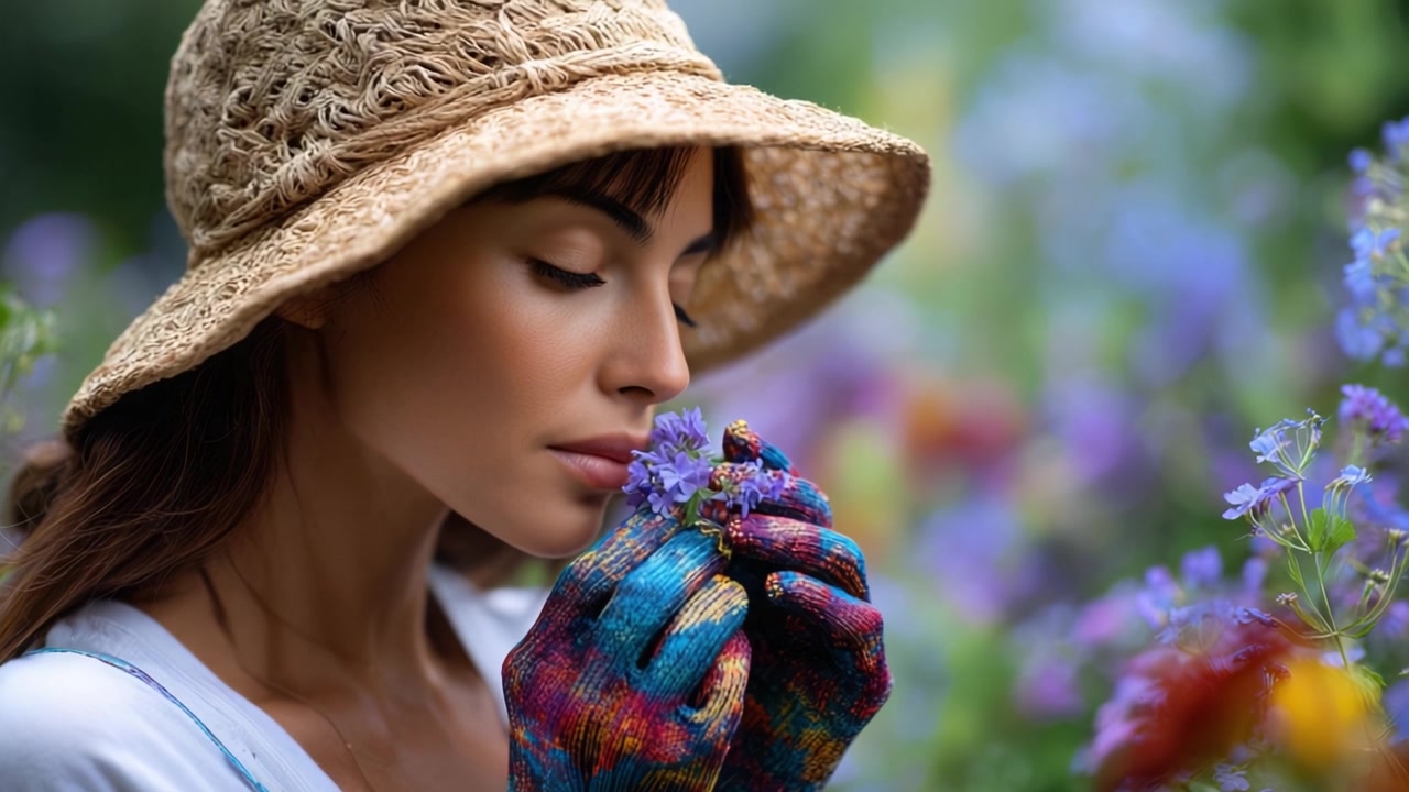 Un momento sereno in un giardino vivace dove una donna con un cappello di paglia annusa delicatamente i fiori, incarnando la bellezza della natura e la tranquillità tra fioriture colorate.