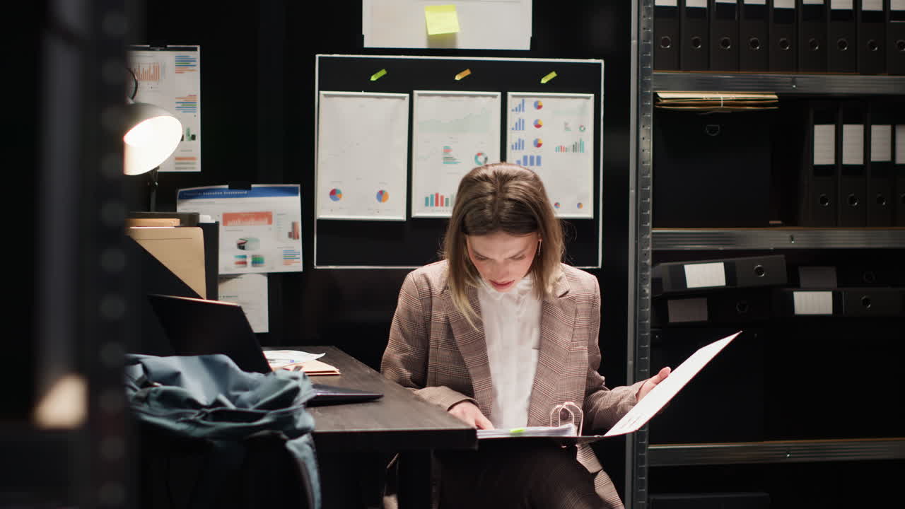 Office scene with a woman reviewing charts and graphs