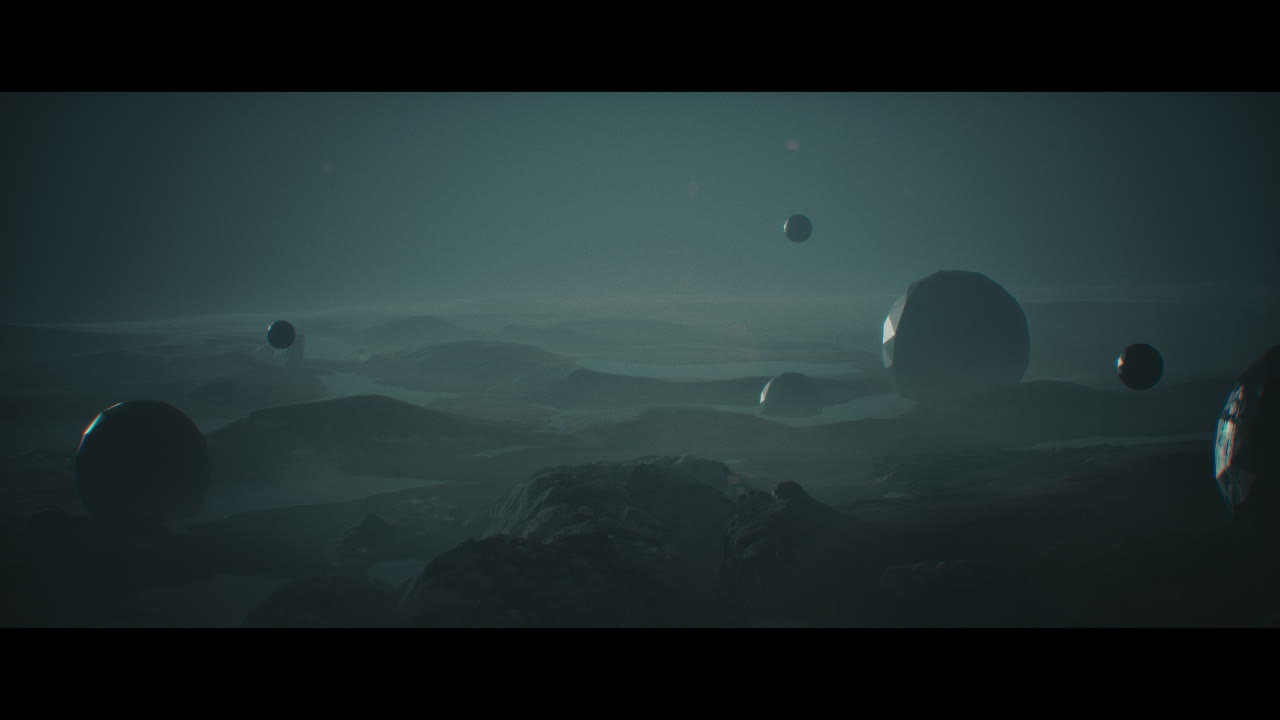 Alien planet desert landscape at night with strange sphere-shaped buildings