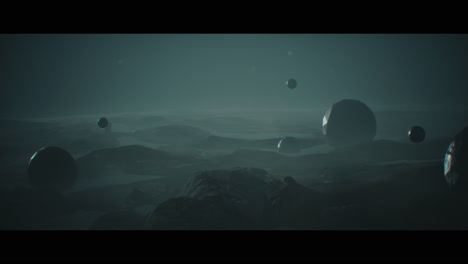 alien planet desert landscape at night with strange sphere-shaped buildings