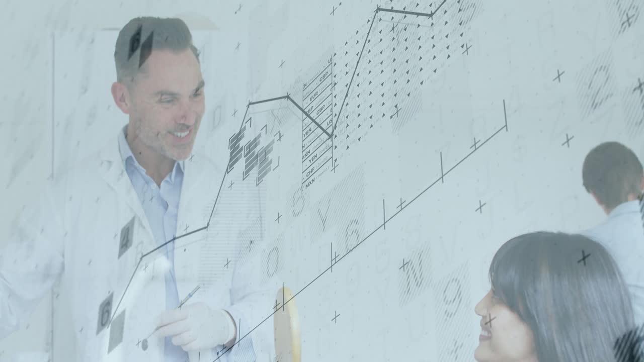 Male doctor holding clipboard engaging patient in clinic, displaying floating charts and graphs