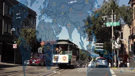 Animation-of-data-processing-over-world-map-against-city-traffic