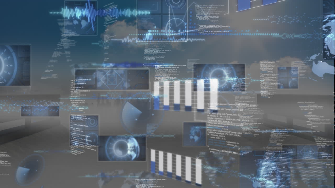 Animation of graphs, radars, globes, soundwaves over computer language against cloudy sky