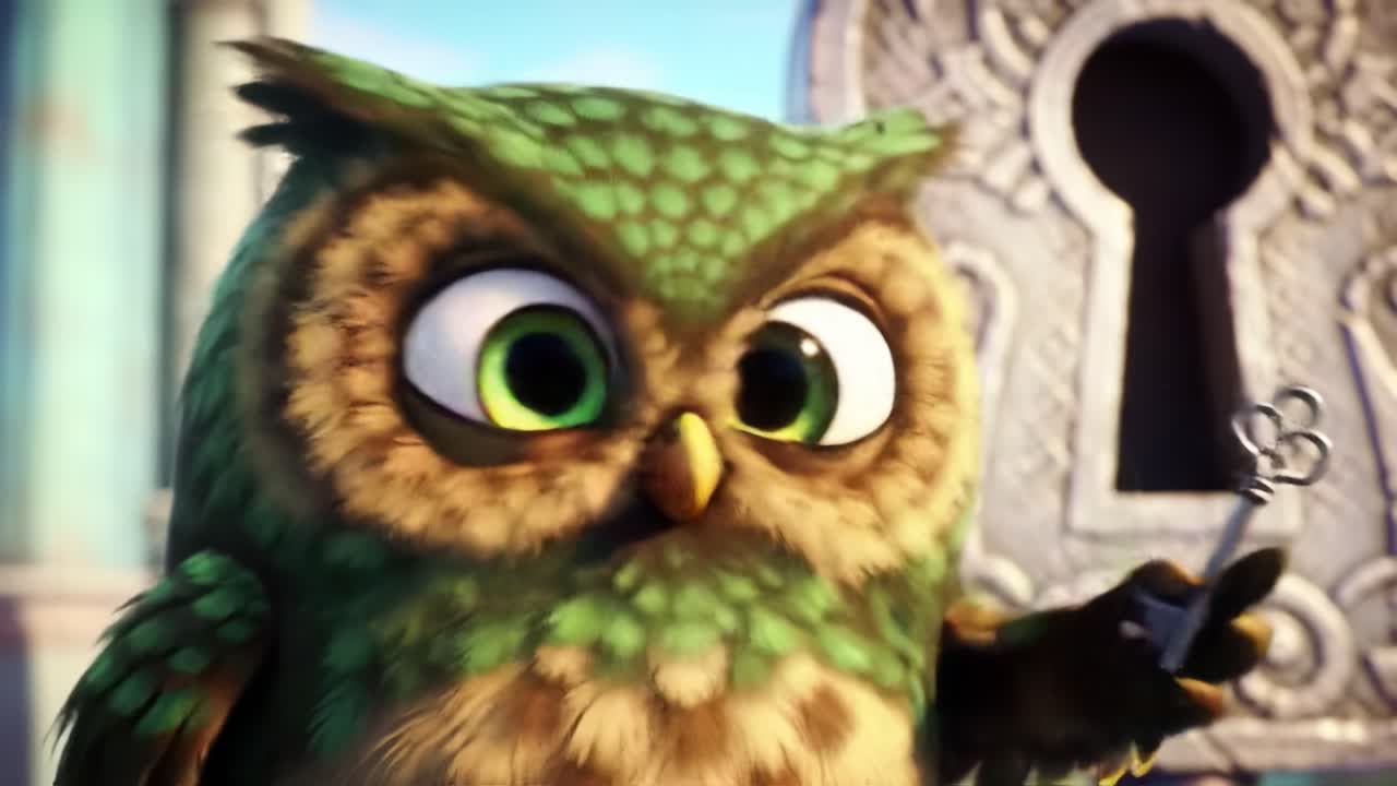 A whimsical animated owl character holds a shiny key, poised in front of an ornate keyhole, showcasing expression and charm in a vibrant, colorful setting.