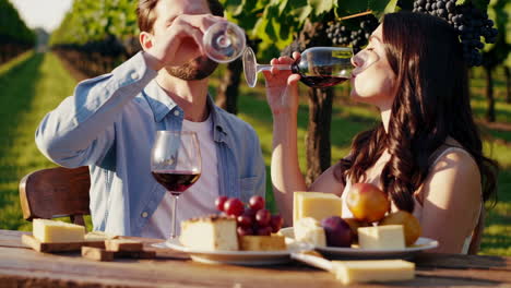couple enjoying a romantic picnic in a vineyard