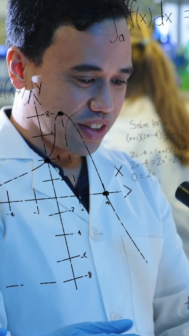 Animación de ecuaciones matemáticas sobre un grupo de científicos diversos en un laboratorio