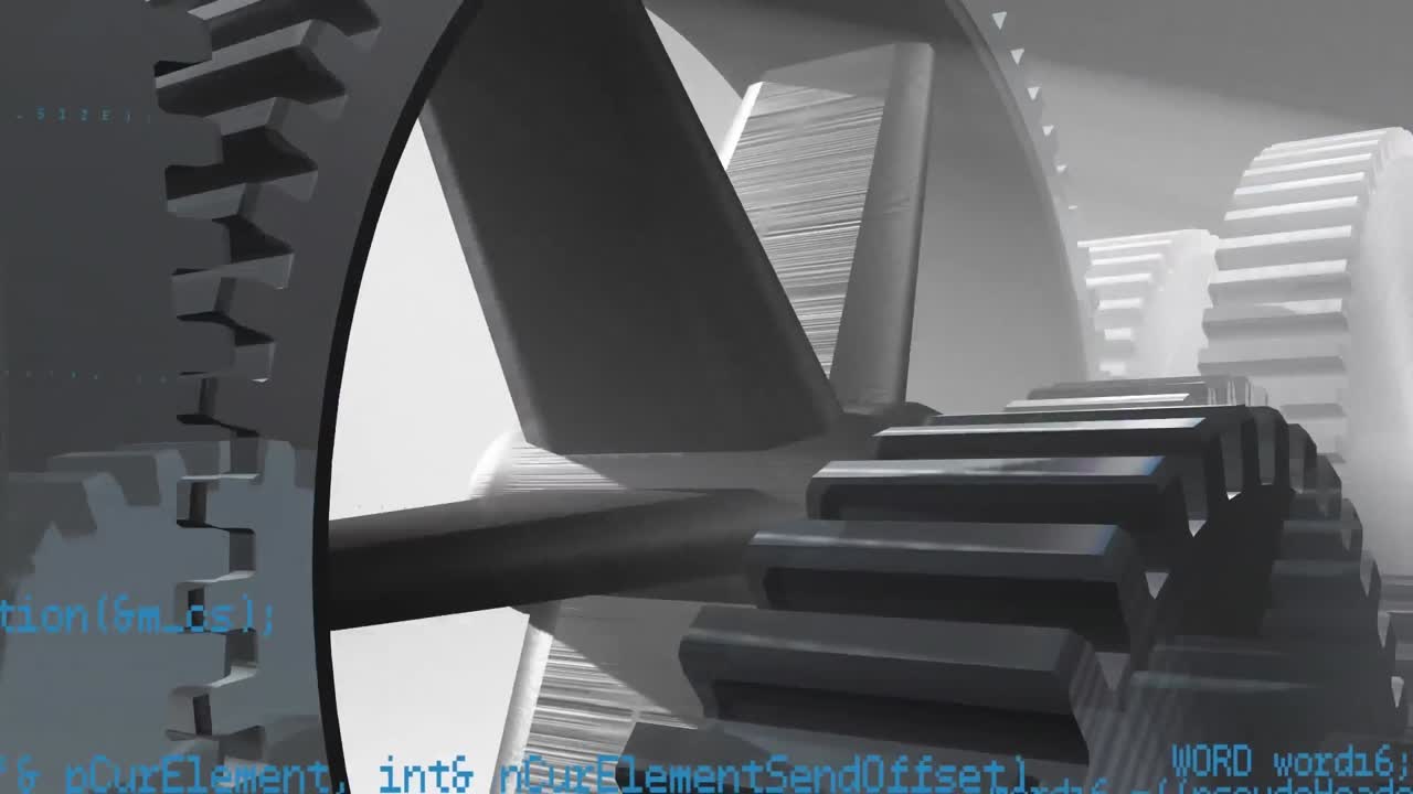 Animation of gear icons spinning and data processing against grey background