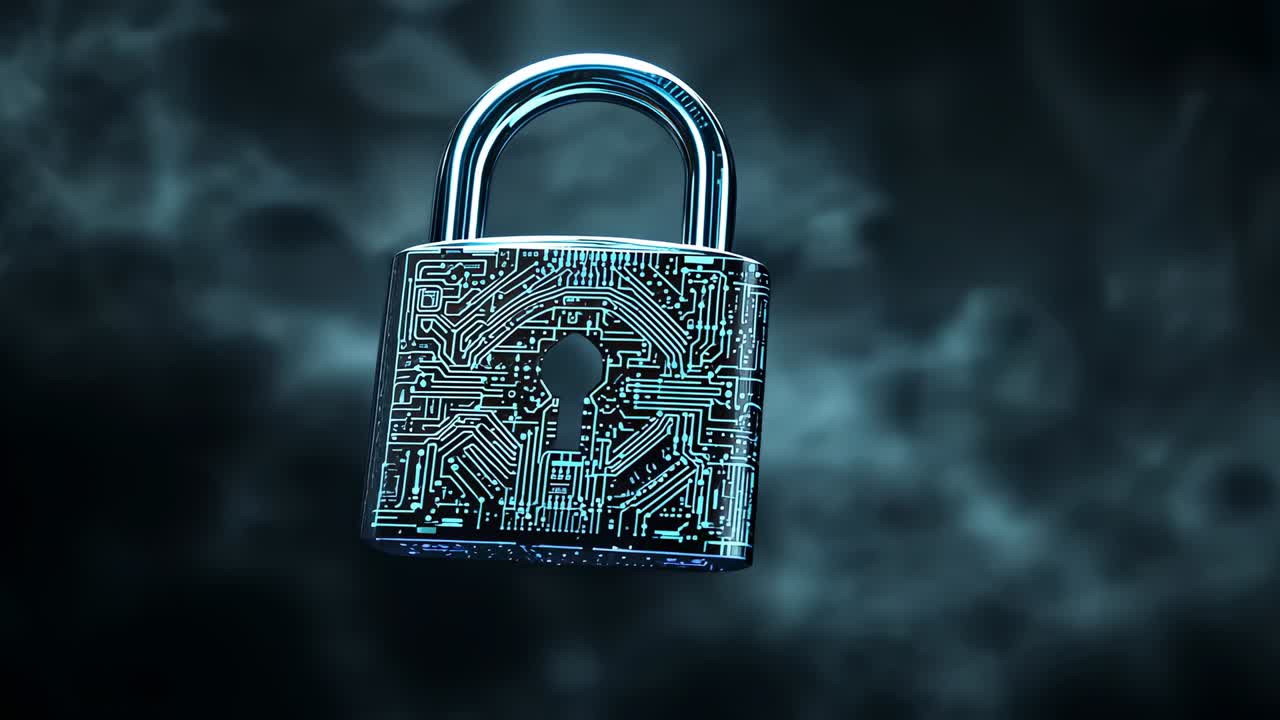 Floating metallic padlock initiating slow rotation in smoky void, showing glowing circuit design