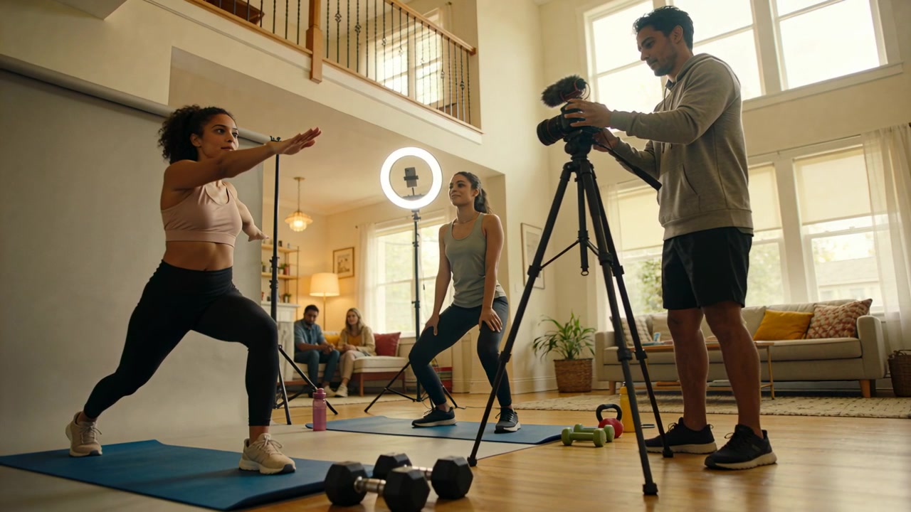 Kvinde laver lunges i sportstøj derhjemme, operatør filmer demo med kamera LED-lys, med plads til tekst.