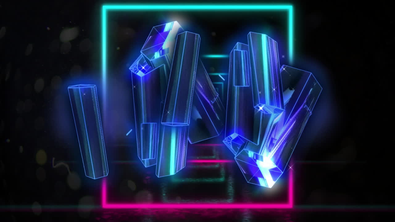 Animation of glowing blue blocks spinning over neon shapes moving on black background
