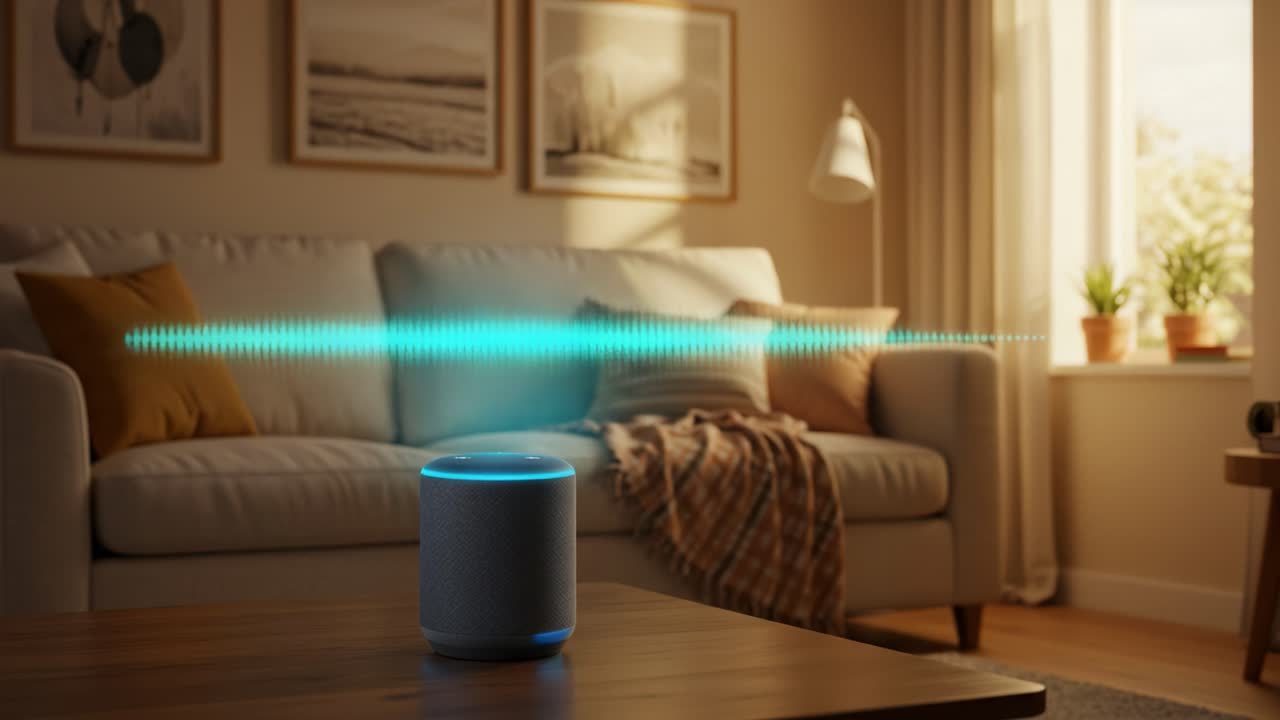 A Modern Smart Speaker Ignites the Atmosphere of a Cozy Living Room, Enhancing the Home Experience with Lively Sound Waves and a Warm, Inviting Environment