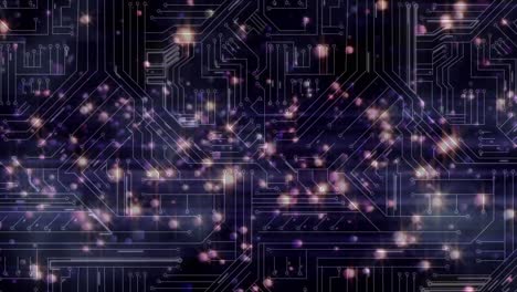 animación de luces flotando sobre un circuito integrado sobre un fondo violeta