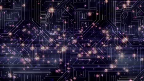 animation of lights floating over integrated circuit over violet background