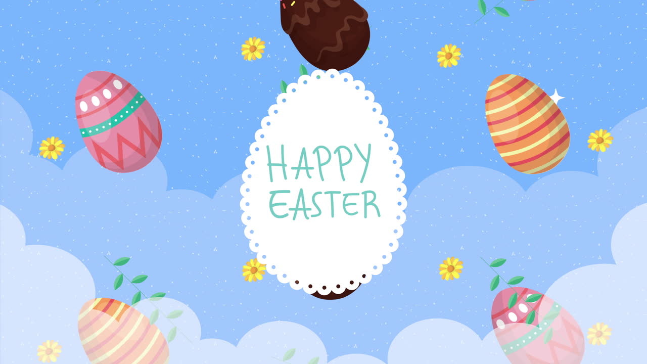 그림과 글씨가 새겨진 달이 있는 행복한 부활절 애니메이션 카드