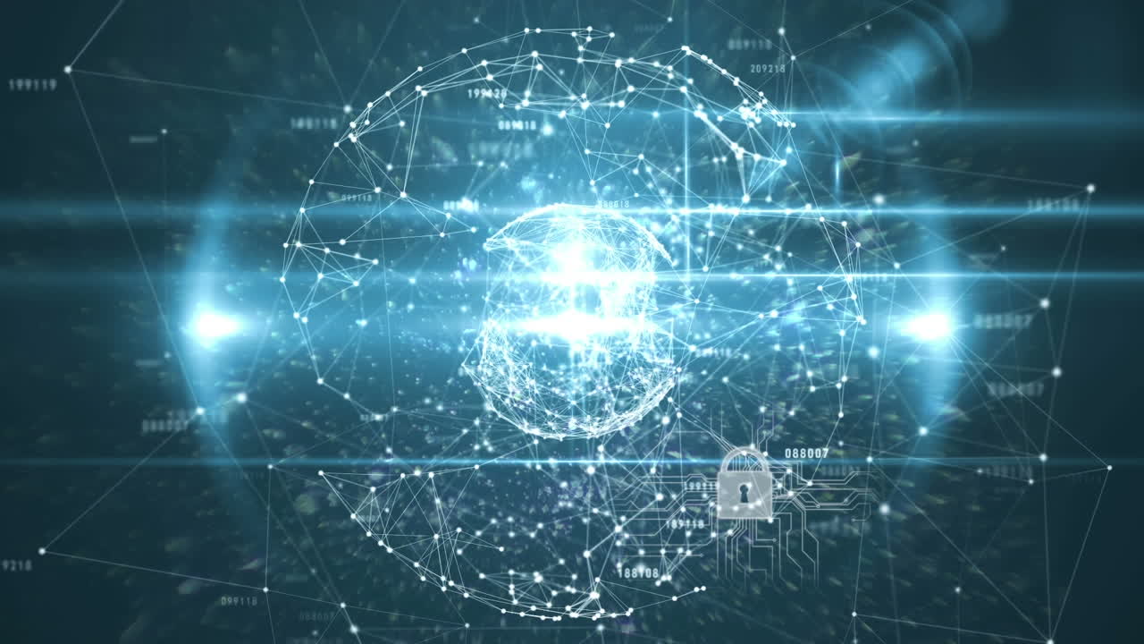 Animation of globe with network of connections and online security padlock