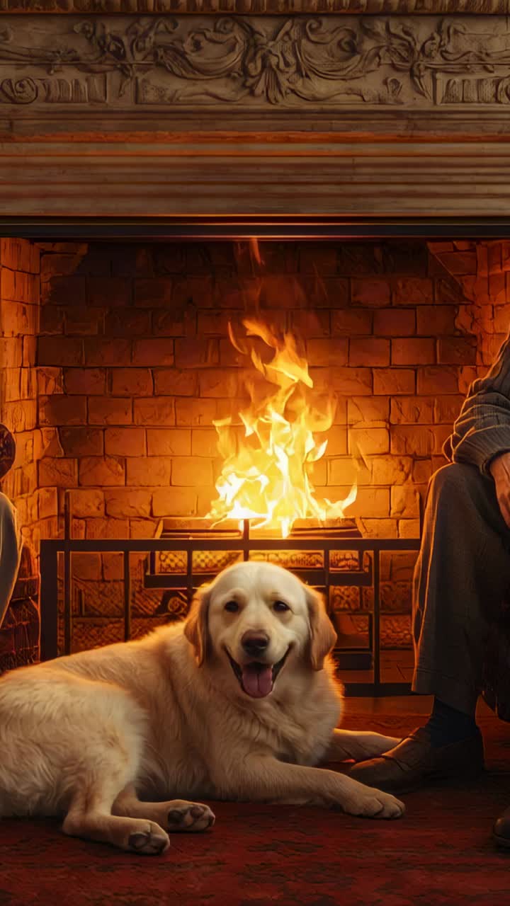 Vertical video: Lying Labrador-type dog on carpet before hearth, panting with flickering firelight