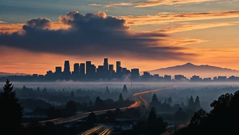 dramatic sunset over a city skyline with fog and mountains in background