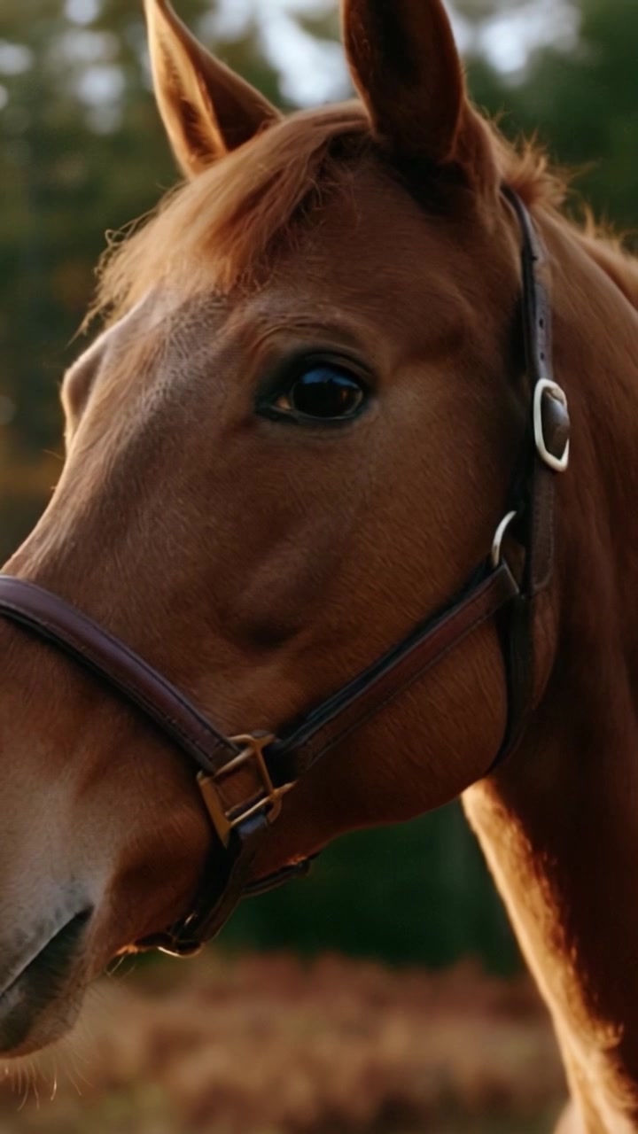 Um Cavalo Majestoso Brilhando em Luz Natural, Exibindo Suas Belas Características e Serenidade em um Cenário Exterior Pacífico Rodeado pela Natureza