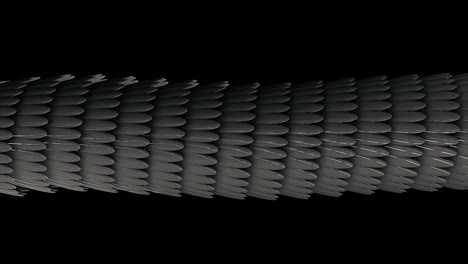 horisonatal 3d tube formed by silver feathers glowing and flowing on black background, seamless loop. animation. abstract long figure with oval shaped feathers