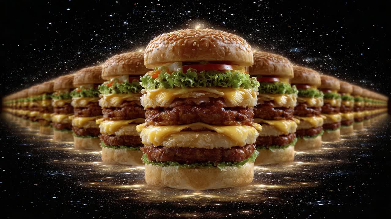 A Staggering Display of Gourmet Burgers Set Against a Starry Cosmic Background, Highlighting Layers of Juicy Patties, Fresh Vegetables, and Creamy Cheese