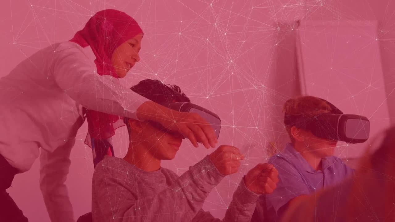 vr 헤드을 사용하여 다양한 학교 학생을 통해 연결 네트워크의 애니메이션