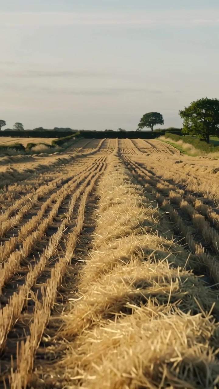 Vertical video: Shot starting camera moving along central windrow in cut field, revealing stubble
