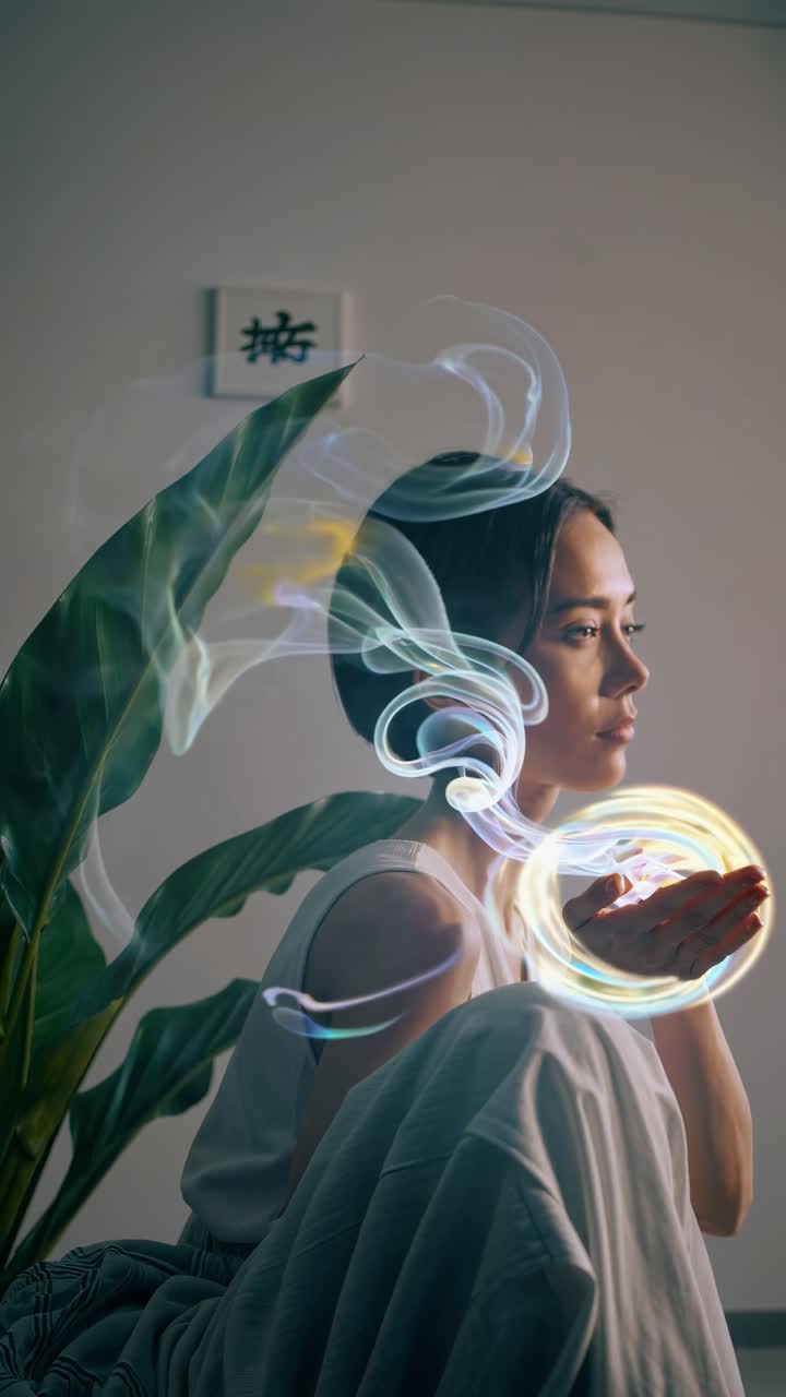 Young woman sitting in a meditative pose, holding a source of light and energy in her hands, with ethereal smoke swirling around her, creating a serene and spiritual atmosphere