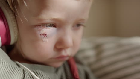 a very sad injured looking child stares downwards as they listen to headphones