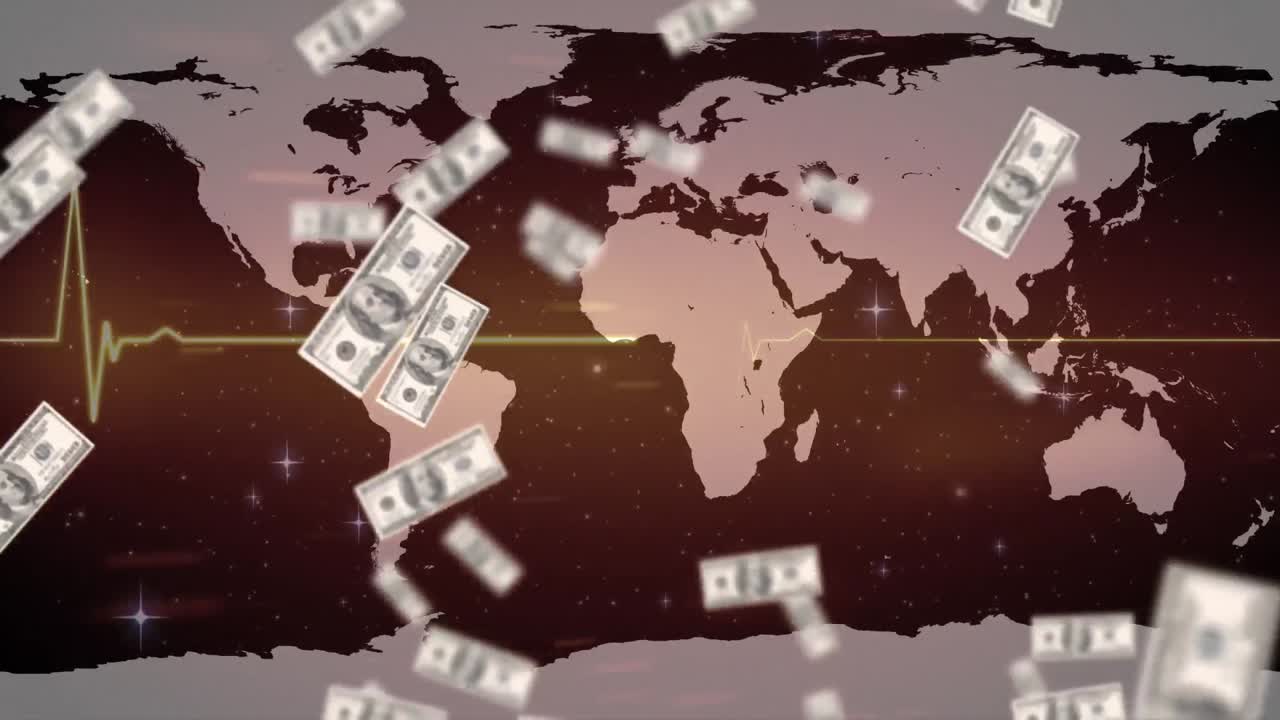 Animación de billetes de dólar americano flotando sobre un monitor de frecuencia cardíaca y un mapa mundial.
