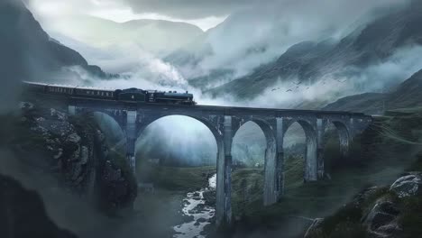 vintage steam train crossing a mountain viaduct