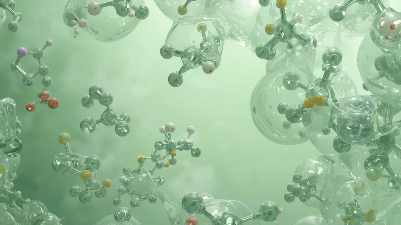 Starting camera pushing through green field, revealing bubbles colored atoms showing structures
