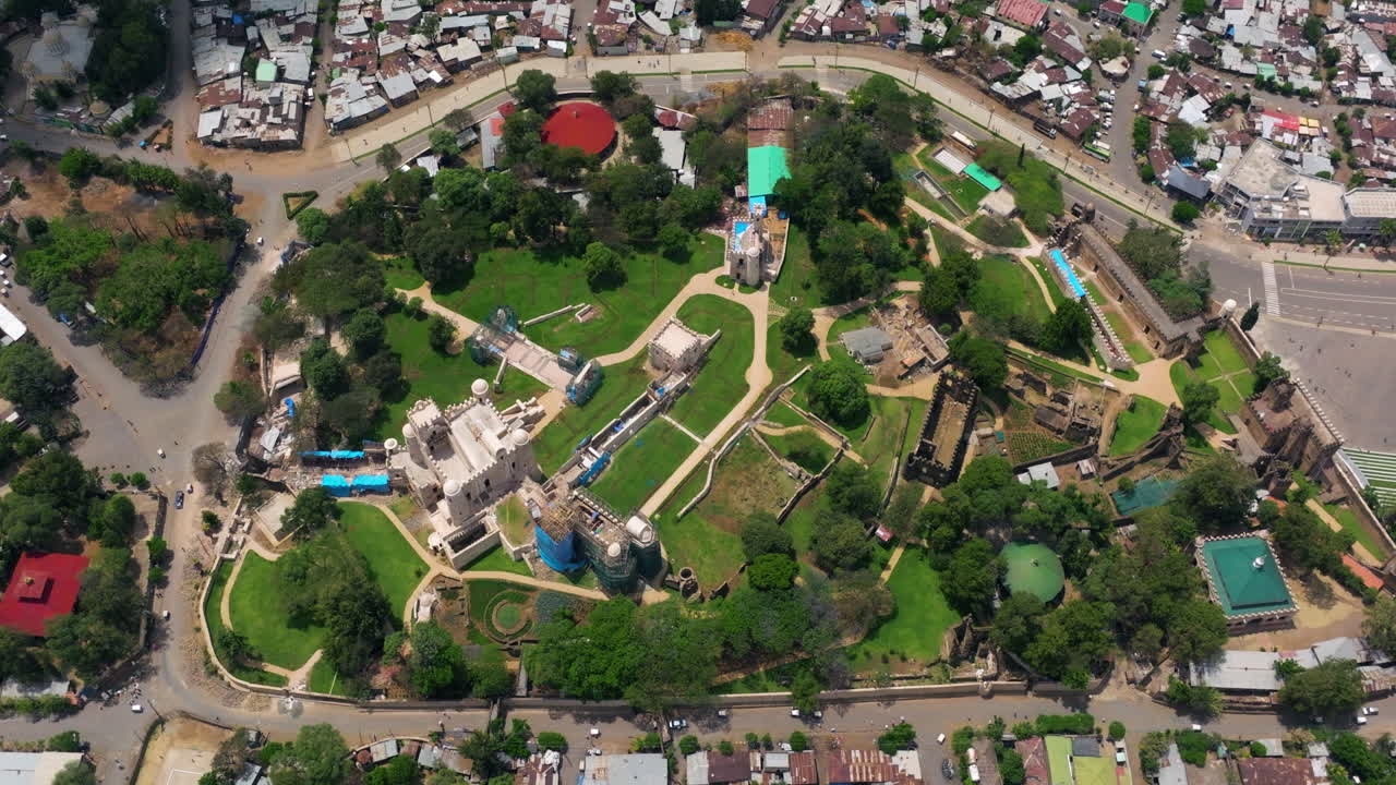 Fortress Of Fasil Ghebbi In Gondar City, Ethiopia - Aerial Shot