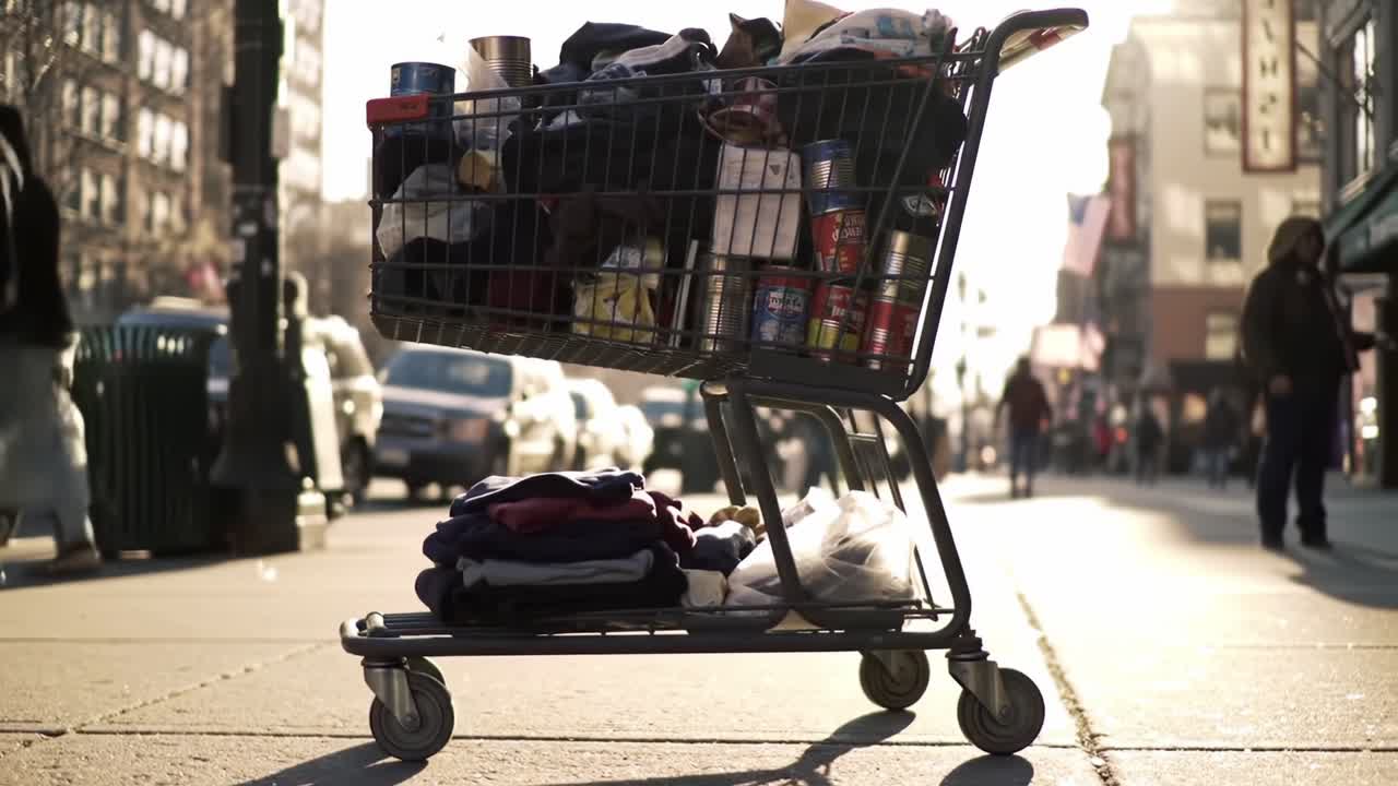 A bustling cityscape scene captures a shopping cart overflowing with various items, symbolizing the intersection of urban life and consumer culture during sunset