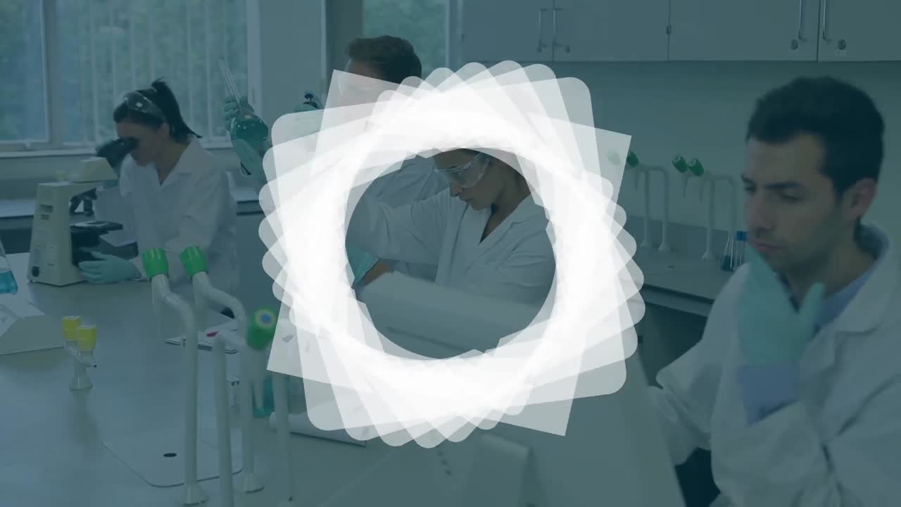 animación de formas blancas sobre diversos científicos en el laboratorio.