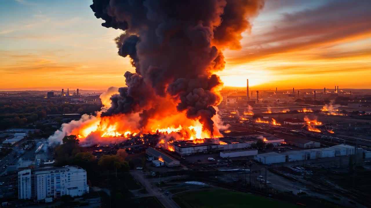 un gran incendio está ardiendo en un área industrial al atardecer.