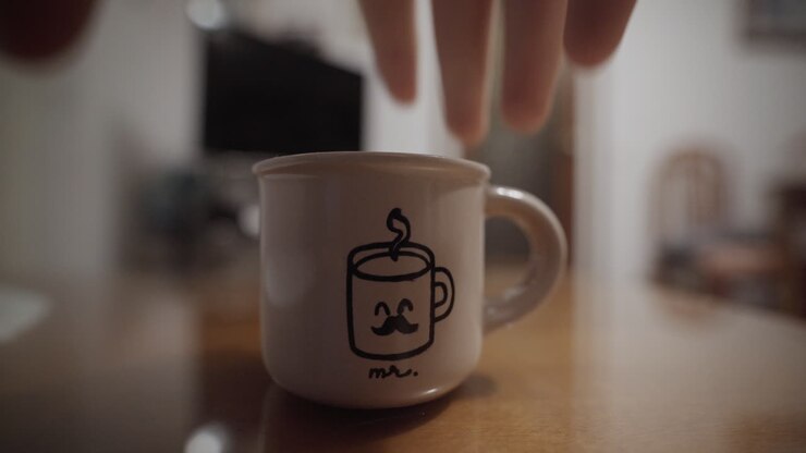 Dear cute mustache coffee character mug being picked up
