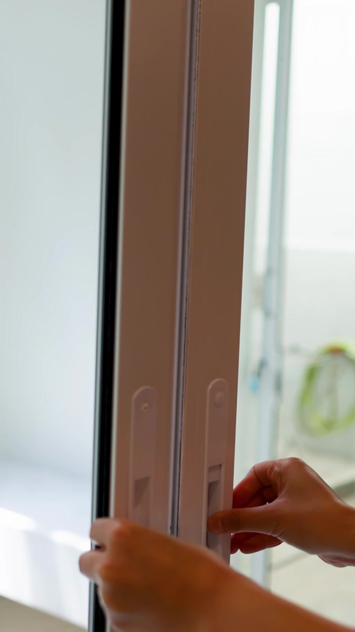 Primer plano de las manos de una mujer asiática cerrando una puerta corredera de cristal blanca en el interior.