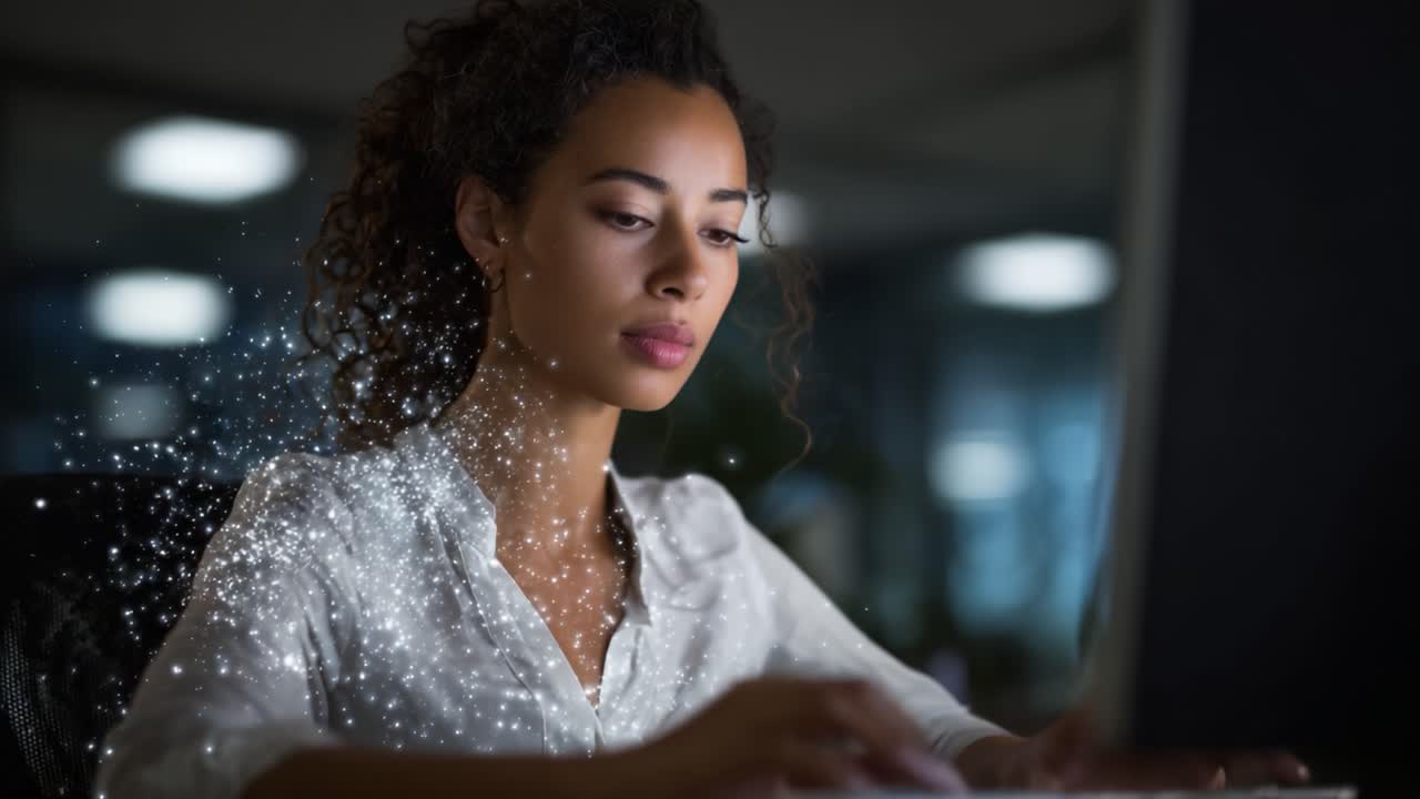 Donna concentrata che lavora al computer con effetti luminosi creativi in un ambiente ufficio moderno, enfatizzando la concentrazione e l'innovazione digitale