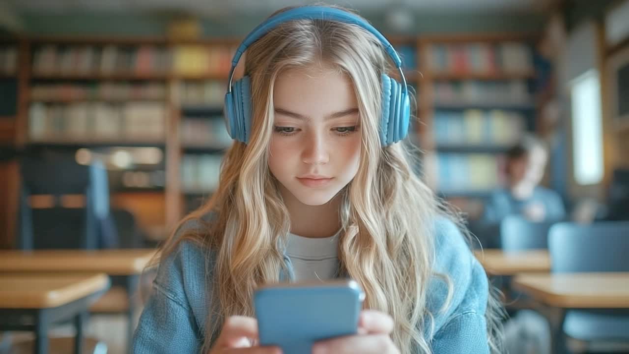 Teenage girl listening to music with headphones in a library