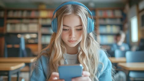 teenage girl listening to music with headphones in a library