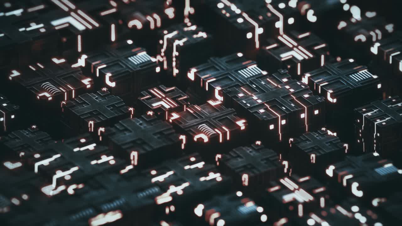 Metallic cubes with illuminating elements seamless loop 3D render animation