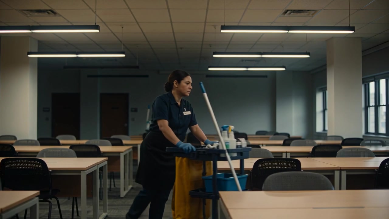 Entering janitors in navy polos pushing mop carts in classroom after class vacated, wiping desks