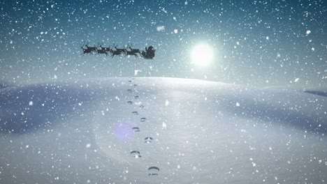 Animation-of-black-silhouette-of-santa-claus-in-sleigh-being-pulled-by-reindeer-with-snow-falling-an
