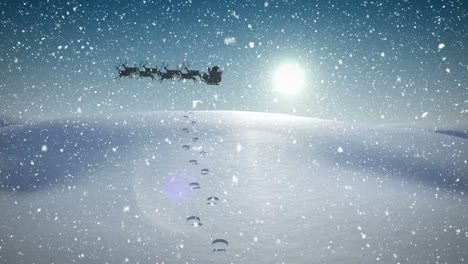 animación de la silueta negra de santa claus en trineo siendo tirado por renos con nieve cayendo un