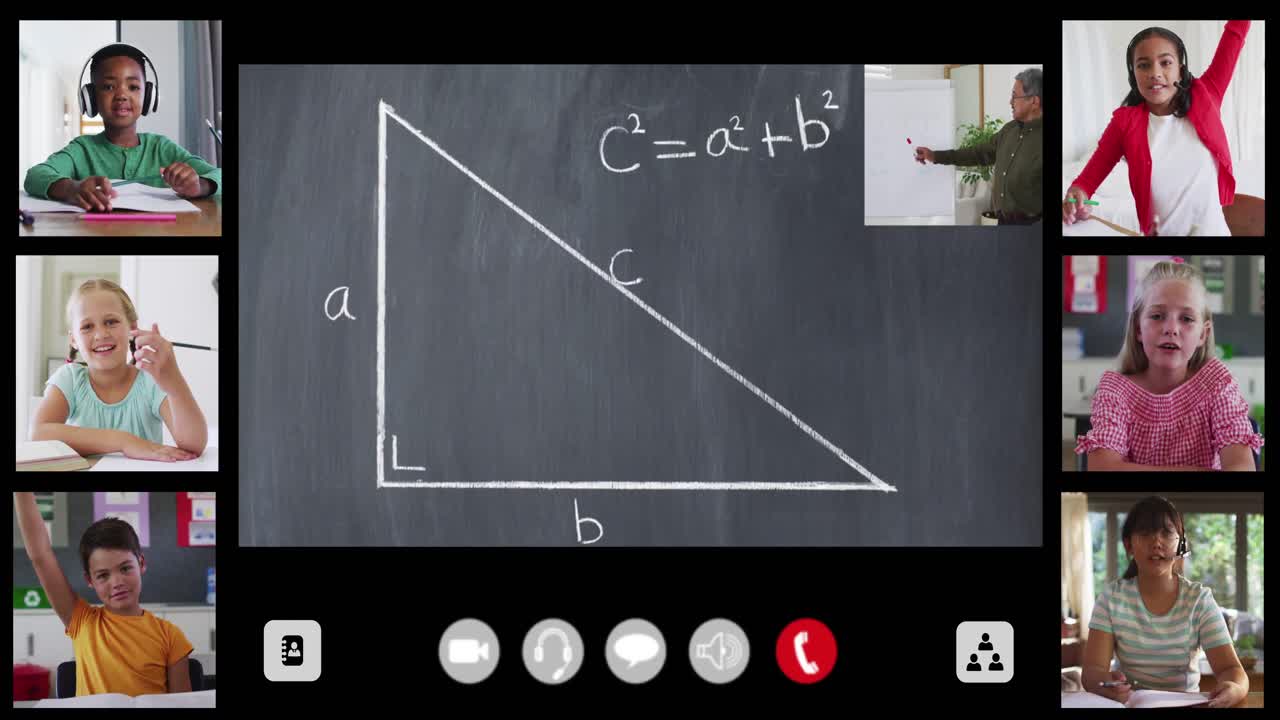Animation of interface screen with chalkboard, teacher and six diverse children in online lesson