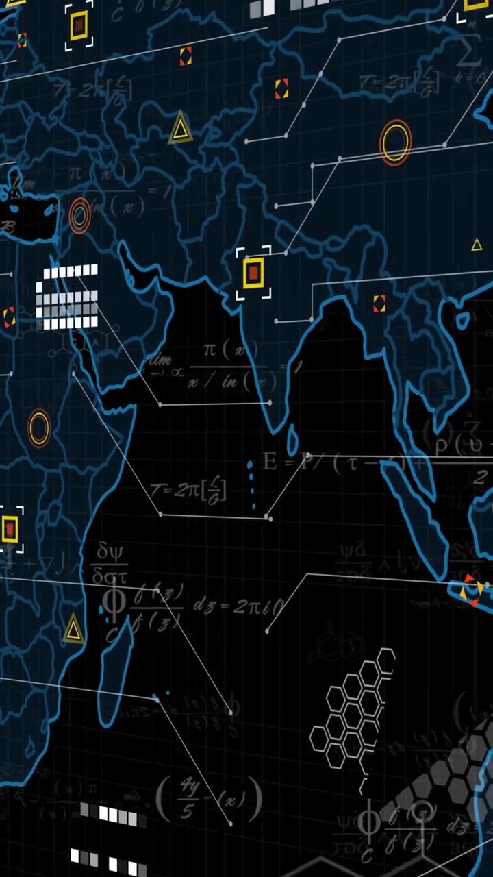 Animation overlaying world map with digital data icons and hexagonal patterns
