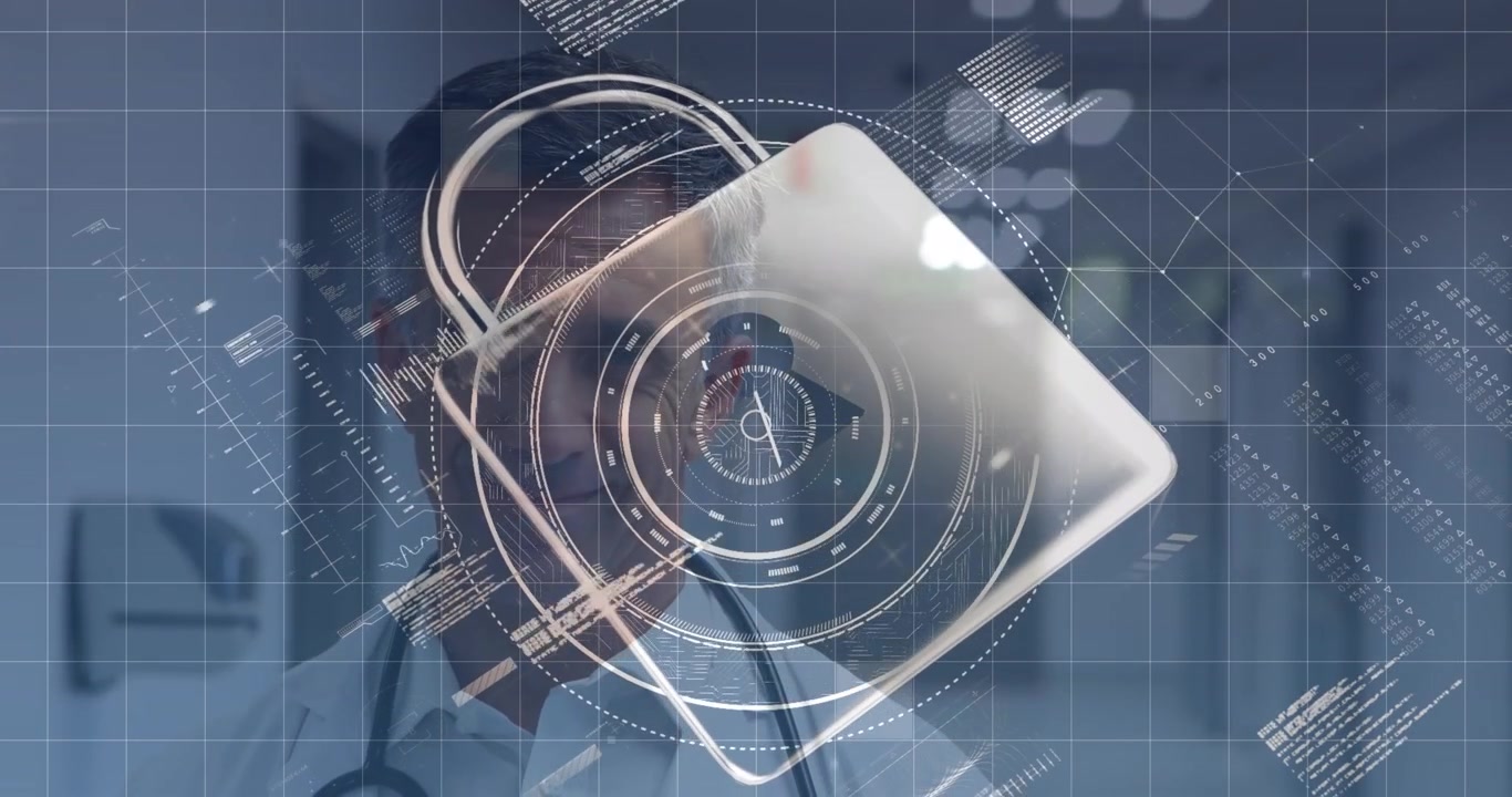 Animation of data processing and padlock icon over caucasian male doctor