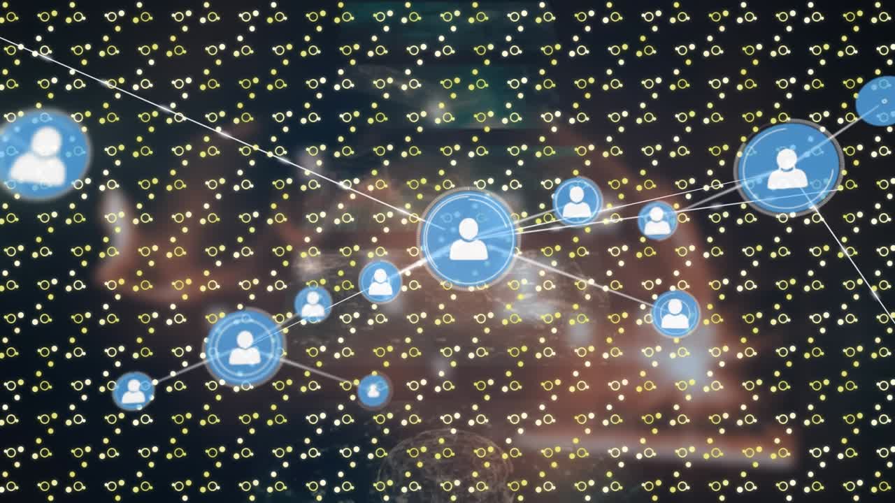 Animation of network of connections with icons over data processing and shapes