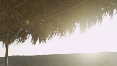 Palm-tree-canopy-roof-in-the-desert---sun-entering-frame-with-a-flare